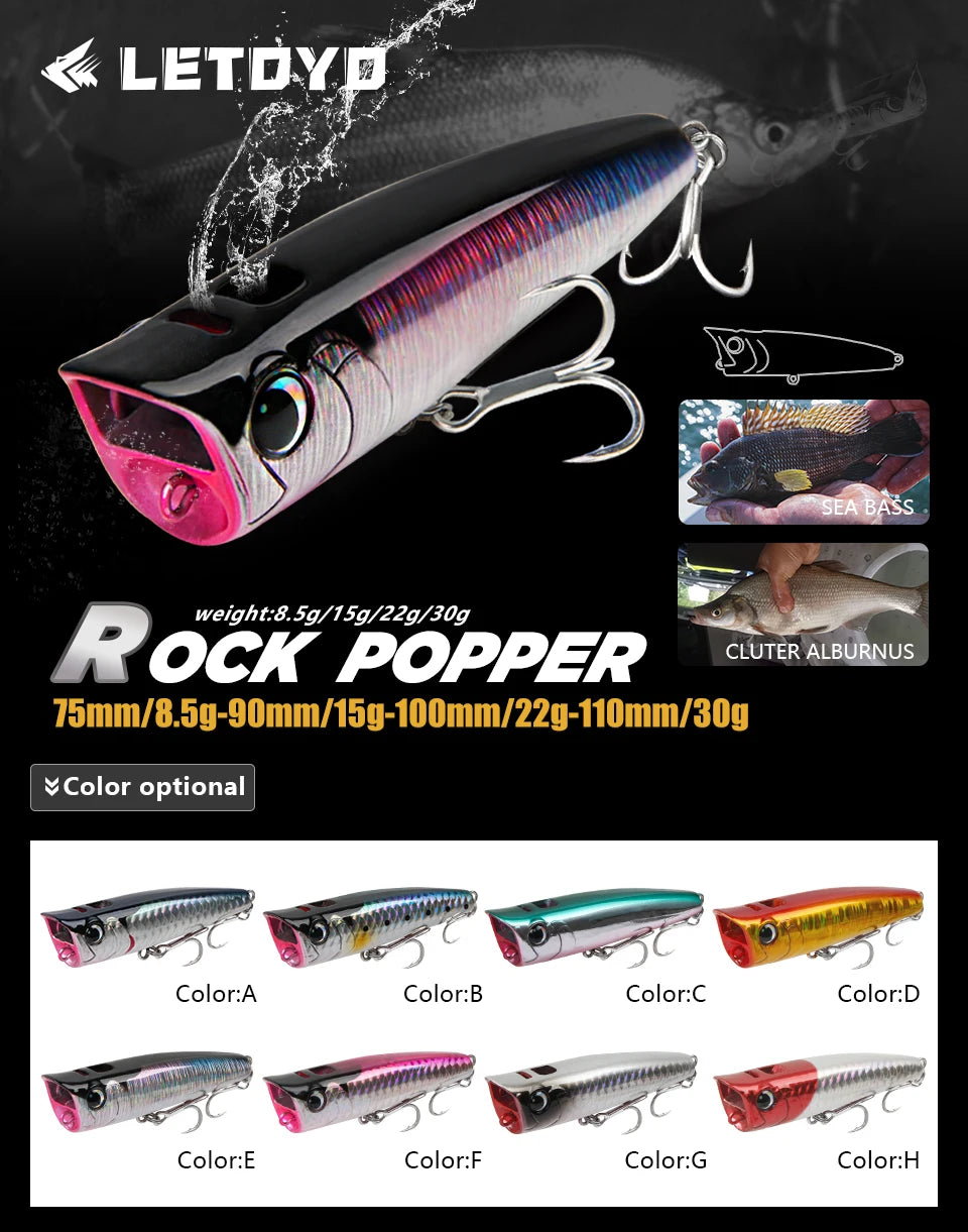 LETOYO Topwater Popper 8.5-30g floating Rock pop Artificial Hard Baits for Bass Perch Pike Fishing Lure