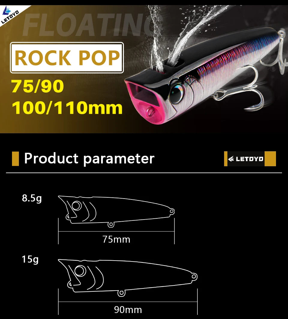 LETOYO Topwater Popper 8.5-30g floating Rock pop Artificial Hard Baits for Bass Perch Pike Fishing Lure