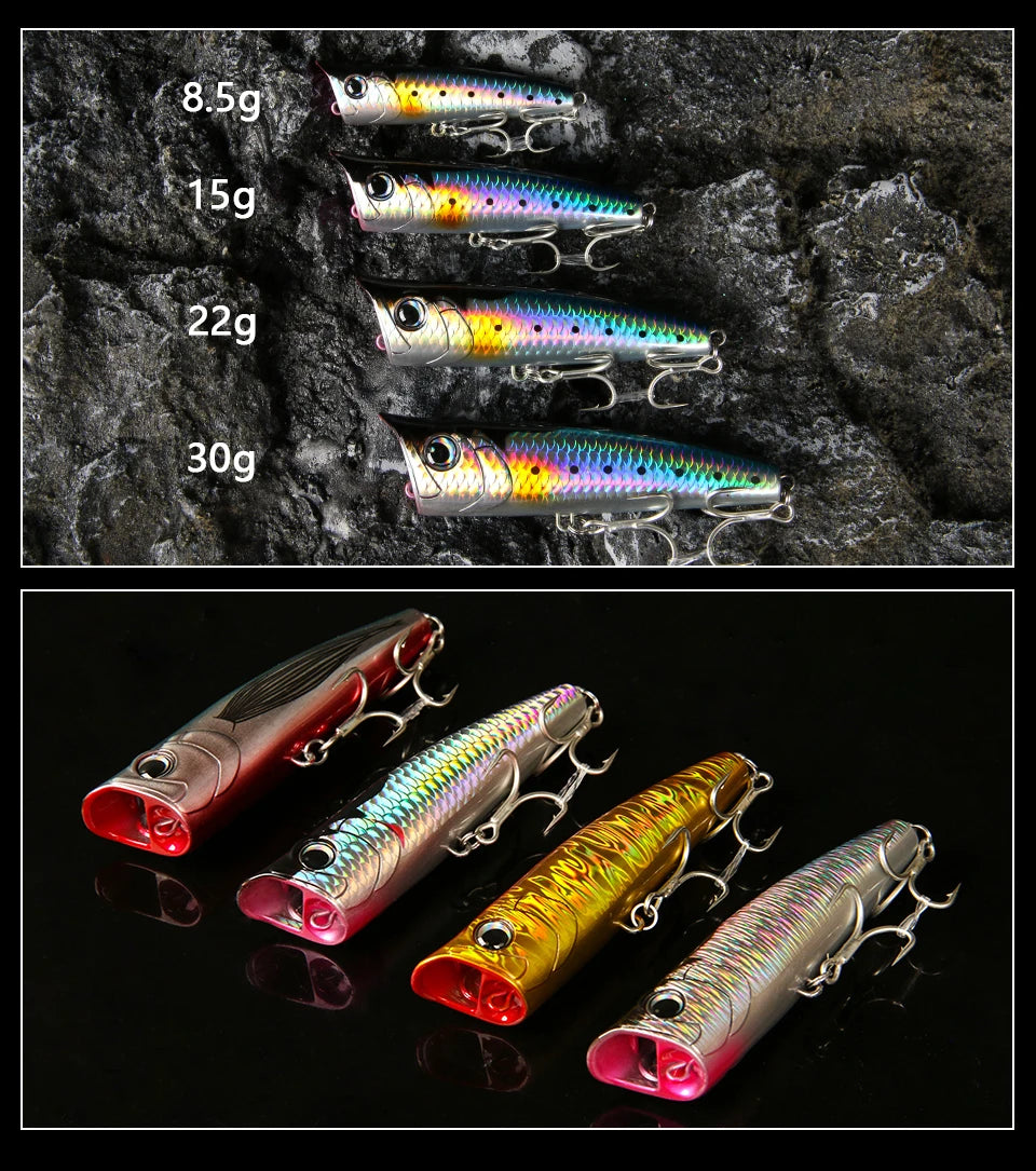 LETOYO Topwater Popper 8.5-30g floating Rock pop Artificial Hard Baits for Bass Perch Pike Fishing Lure