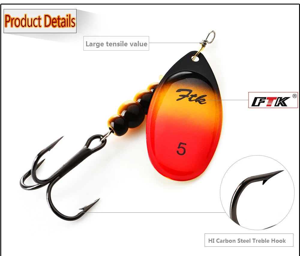 FTK 1PC Spinner Bait 3.2g 4.3g 6.1g 9.6g 13.6g Spinner Bait Spoon Fishing Bass Lure With Treble Hook Tackle High Quality