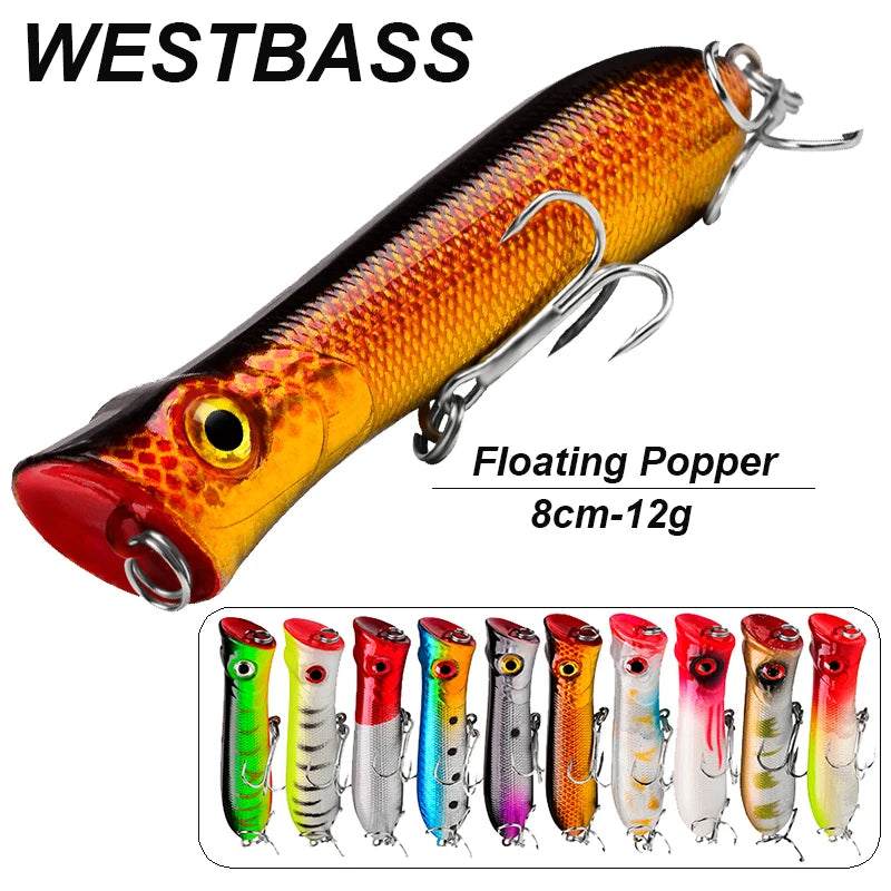 WESTBASS 1PX Silent Popper Lure 80mm-12g Floating Fishing Wobblers Long Casting Hard Bait Vivid Swimbait Crankbait Pesca Isca