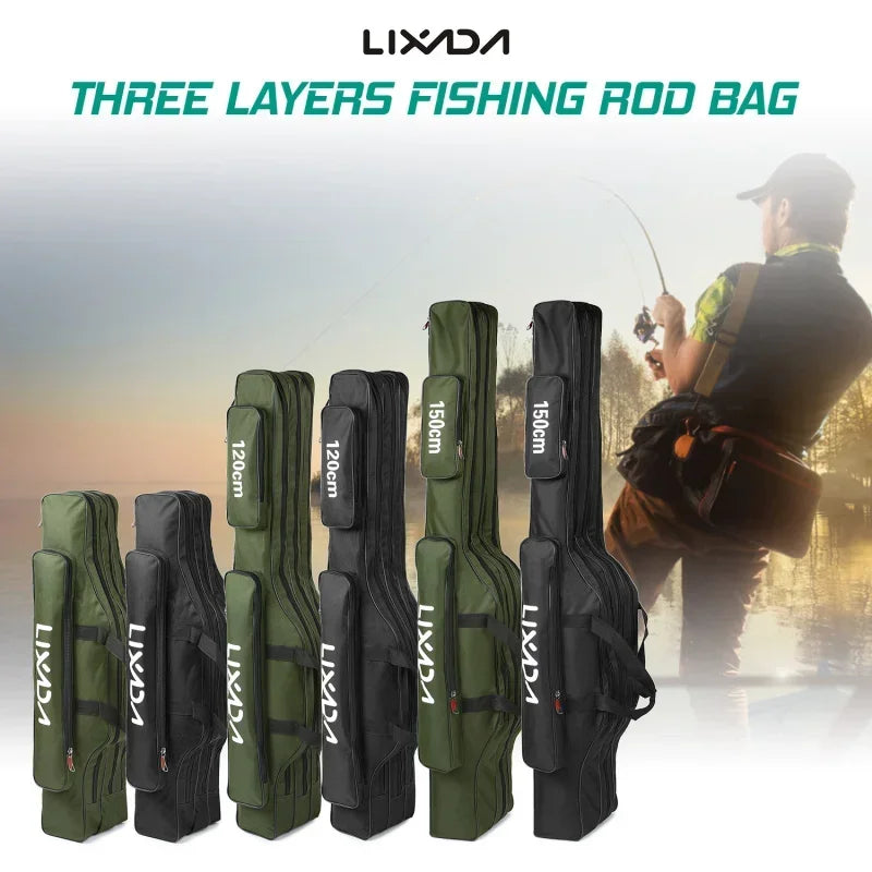 Lixada 3 Layers Fishing Pole Bag Portable Folding Rod Carry Case Fishing Reel Tackle Storage Bag Case