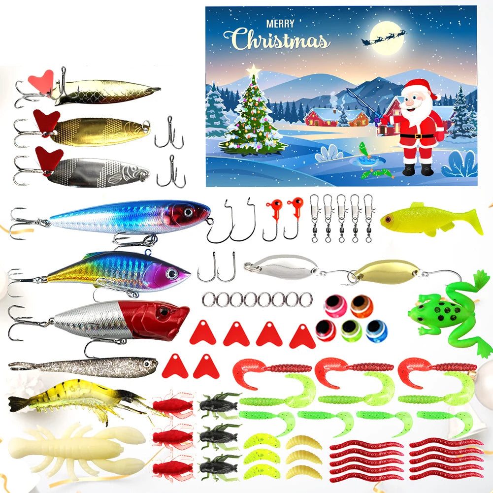 2024 Fishing Tackle Set Advent Calendar 24 Days Christmas Fishing Lures Box Xmas Fish Bait Box Surprise Gifts for Fishing Lover