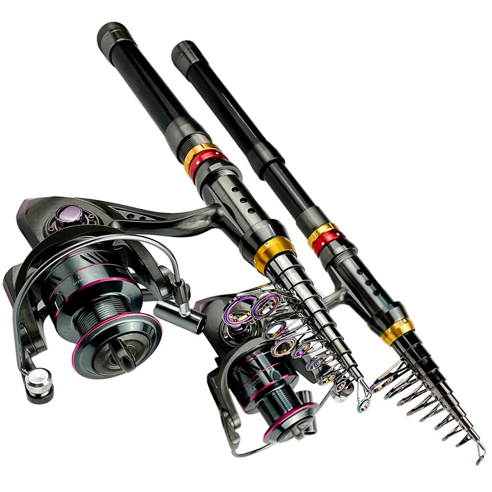 Combo Fishing Rod + Reel 1.8-3.6m Carbon Fiber  Telescopic Fishing Pole Spinning Reel Kit Max Resistance 3-8kg Pesca