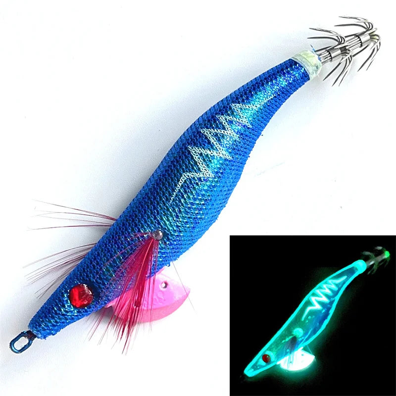 Glow Wood Shrimp Luminous Bait Squid Jigs with Octopus Squid Jig Hooks Cuttlefish Noctilucent Light Fishing Lure Size 3.5#/21g. Night fishing