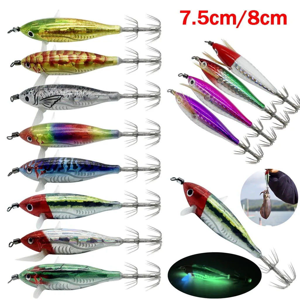 1Pc 7.5cm/8cm Laser Luminous Squid Jig Floating Horizontal Wood Shrimp Egi Lure Squid Jigging Shrimp Hooks Fishing Octopus Baits