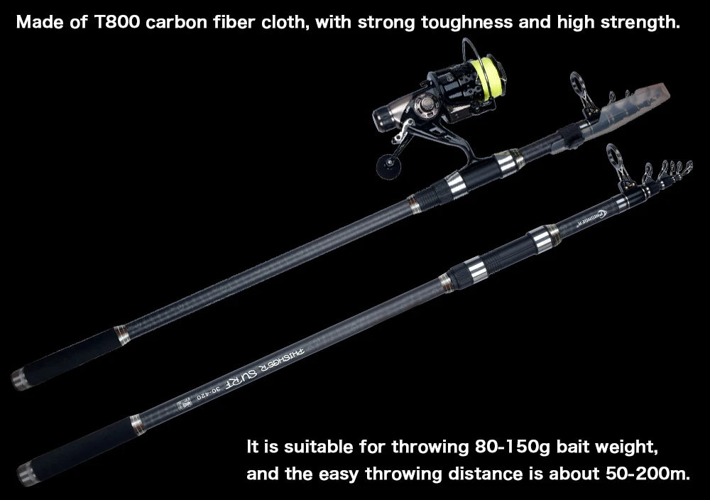 PHISHGER Telescopic Surf Spinning Rod 3.6/4.2/4.5/5.0/5.3m Power80-150g 30T Carbon Travel Surfcasting Shore Casting Fishing Pole