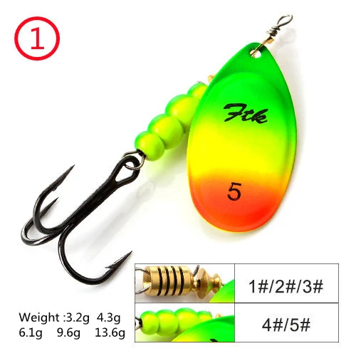 FTK 1PC Spinner Bait 3.2g 4.3g 6.1g 9.6g 13.6g Spinner Bait Spoon Fishing Bass Lure With Treble Hook Tackle High Quality