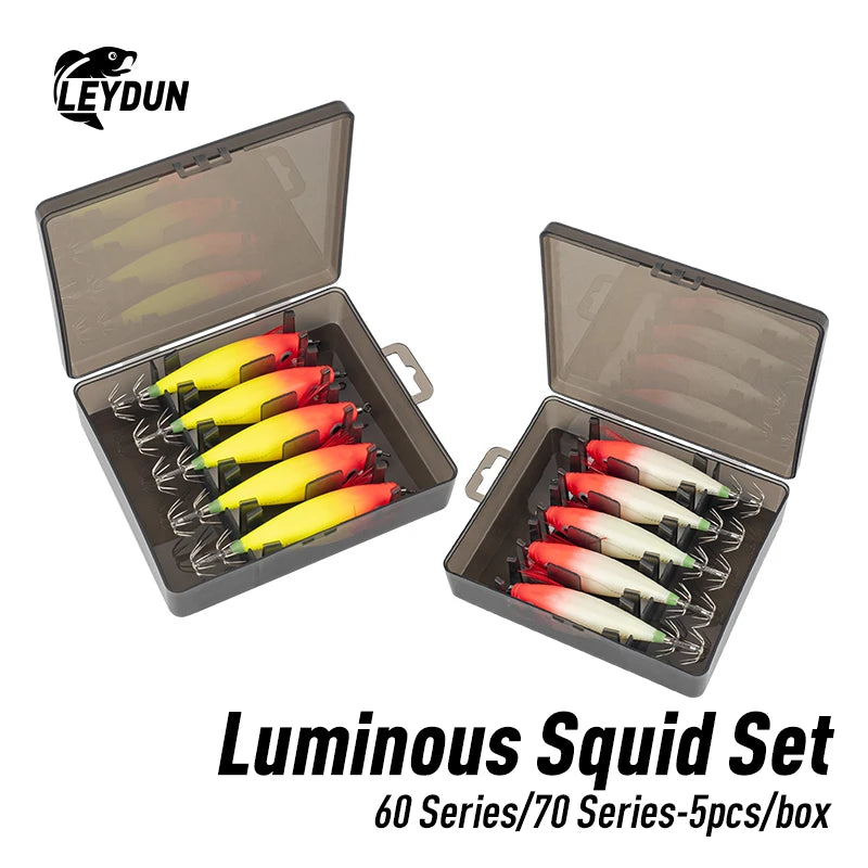 LEYDUN Luminous Horizontal Squid Jig Wood Shrimp Squid Hook 5pcs Fishing Lures Octopus Cuttlefish Shrimp Saltwater Baits