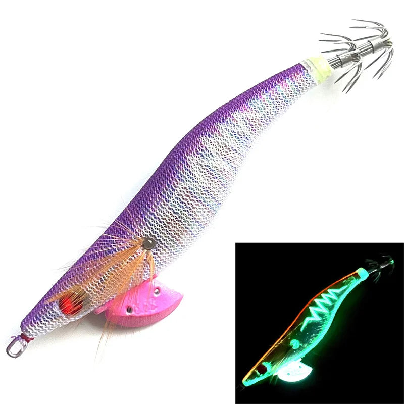 Glow Wood Shrimp Luminous Bait Squid Jigs with Octopus Squid Jig Hooks Cuttlefish Noctilucent Light Fishing Lure Size 3.5#/21g. Night fishing