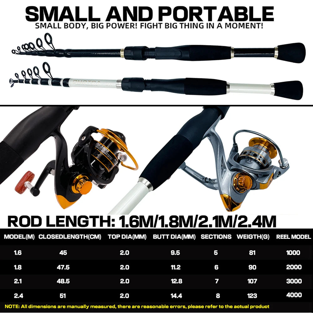 Combo Fishing Rod + Reel Ghotda 1.6-2.4M Telescopic High Speed Reel DC1000/2000/3000/4000Series