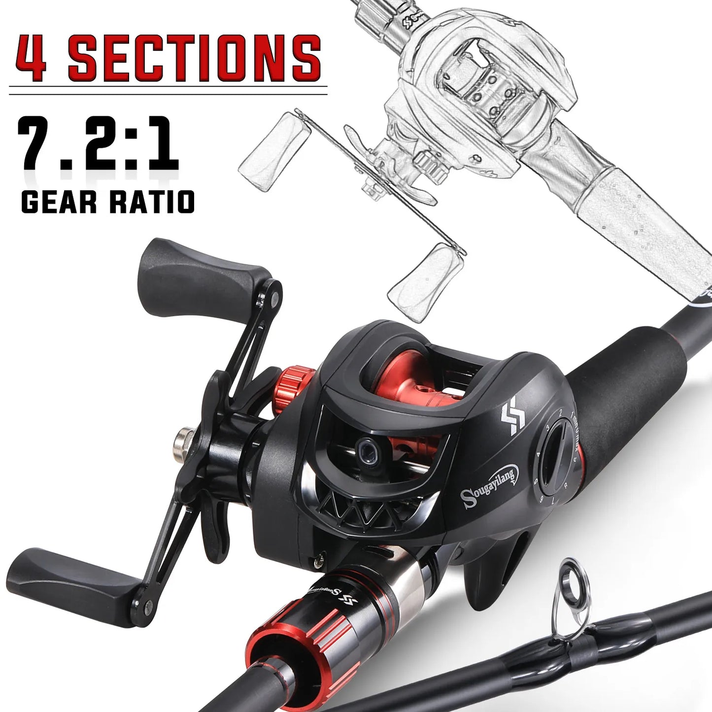 Combo Fishing Rod + Reel Sougayilang 1.8~2.1m Carbon Fiber Casting Rod and 7.2:1 Gear Ratio Baitcasting Ree Max Drag 10kg