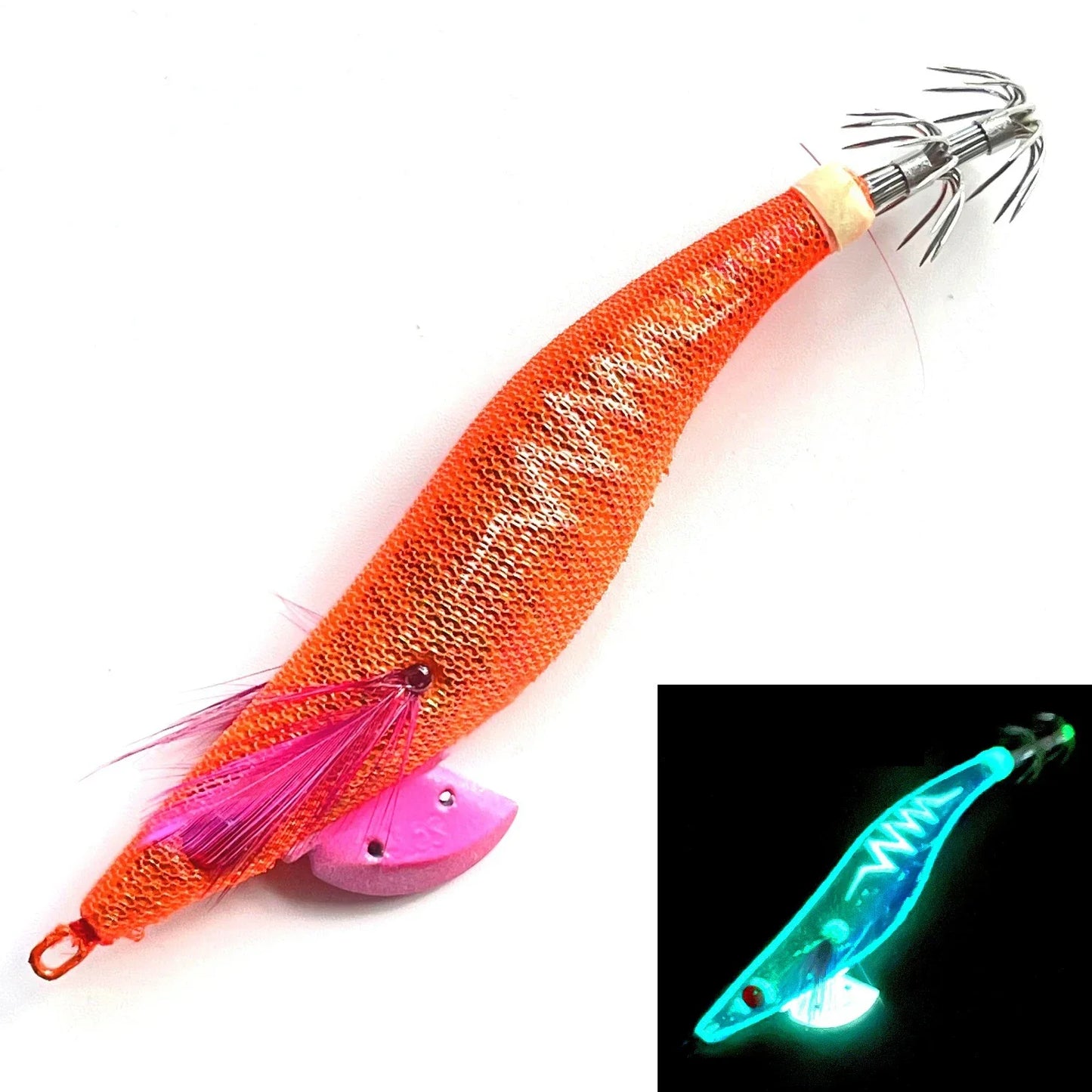 Glow Wood Shrimp Luminous Bait Squid Jigs with Octopus Squid Jig Hooks Cuttlefish Noctilucent Light Fishing Lure Size 3.5#/21g. Night fishing