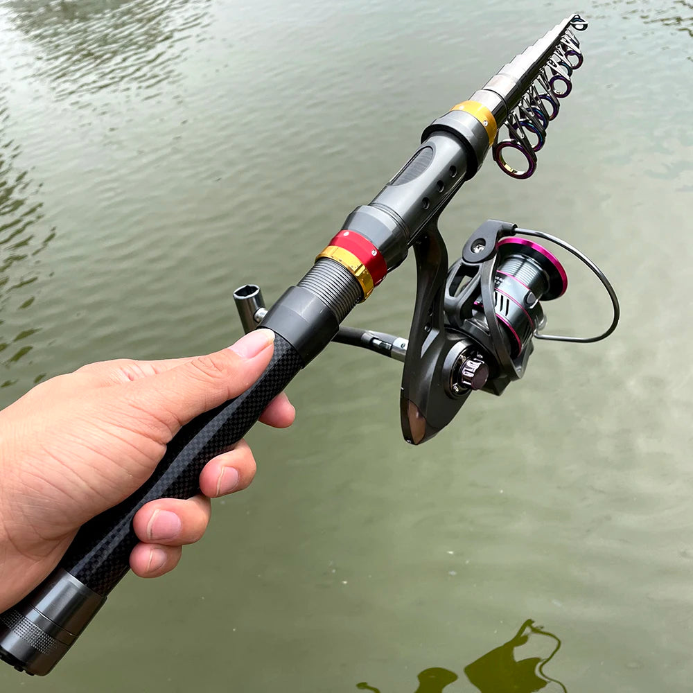 Combo Fishing Rod + Reel 1.8-3.6m Carbon Fiber  Telescopic Fishing Pole Spinning Reel Kit Max Resistance 3-8kg Pesca