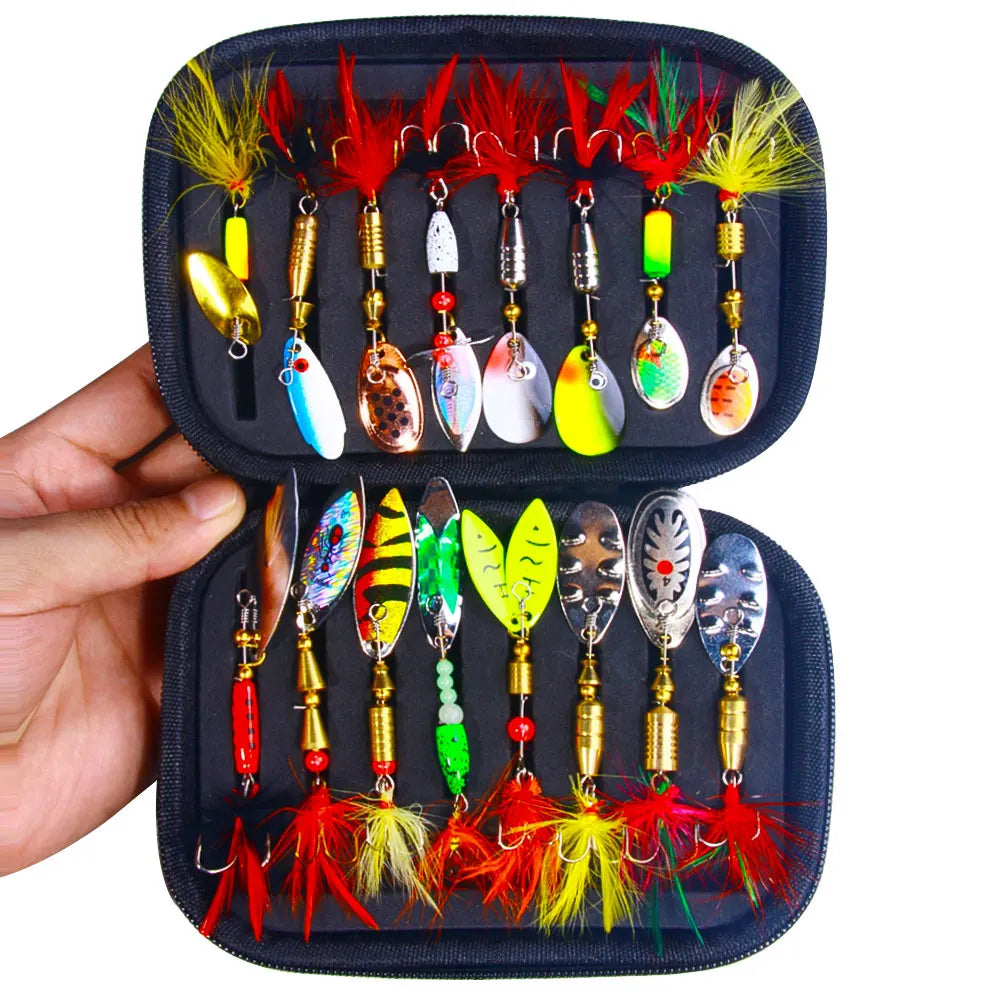 16PCS rotate Spinnerbait Metal Spoon Spinner Fishing Lure Hard Bait With Feather Treble Hooks with Bag Spinnerbait Tackle