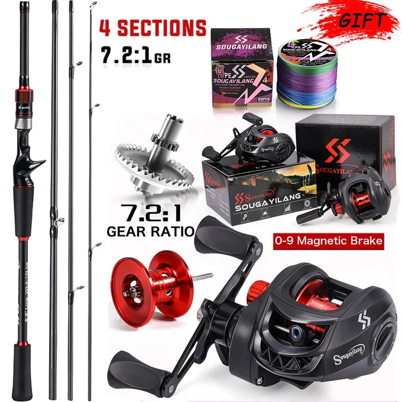 Combo Fishing Rod + Reel Sougayilang 1.8~2.1m Carbon Fiber Casting Rod and 7.2:1 Gear Ratio Baitcasting Ree Max Drag 10kg