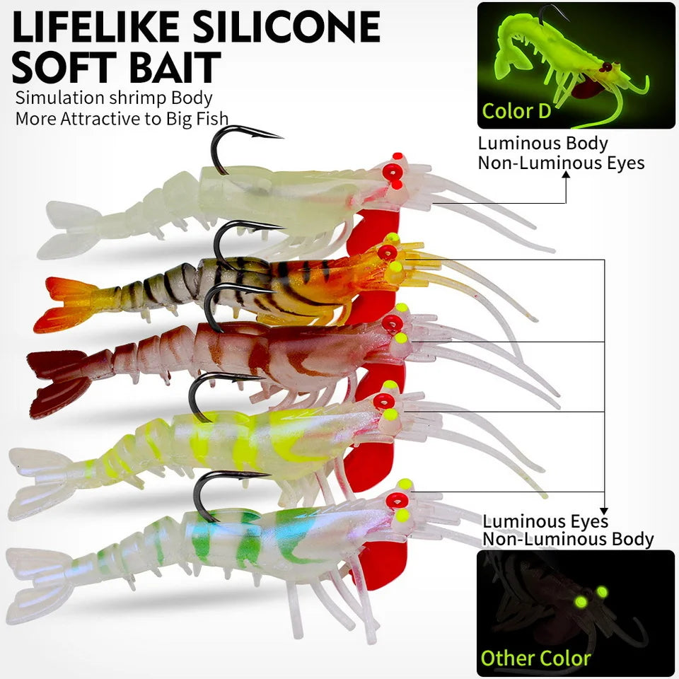 1pcs Luminous Eyes Silicone Shrimp Baits 6g 13g 19g Bionic Soft Prawn Lures Metal Jig Head Sinking Swimbait Wobbler Jigging Hook