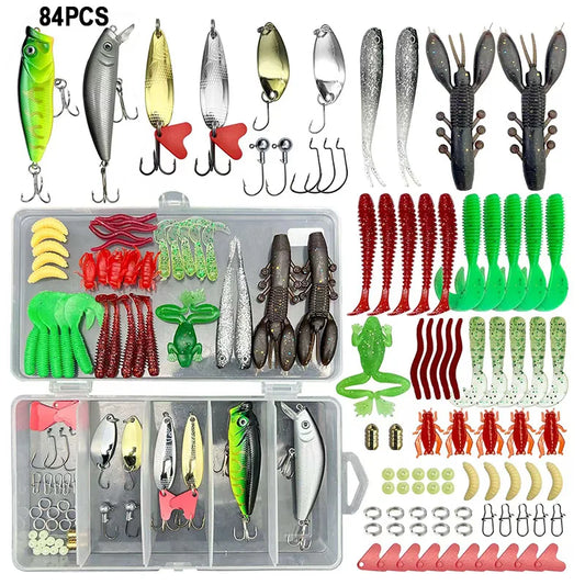 84/107pcs Fishing Lure Kit Soft and Hard Bait Set Gear Layer Metal Jig Spoon For Bass Pike Crank Tackle Accessories with Box