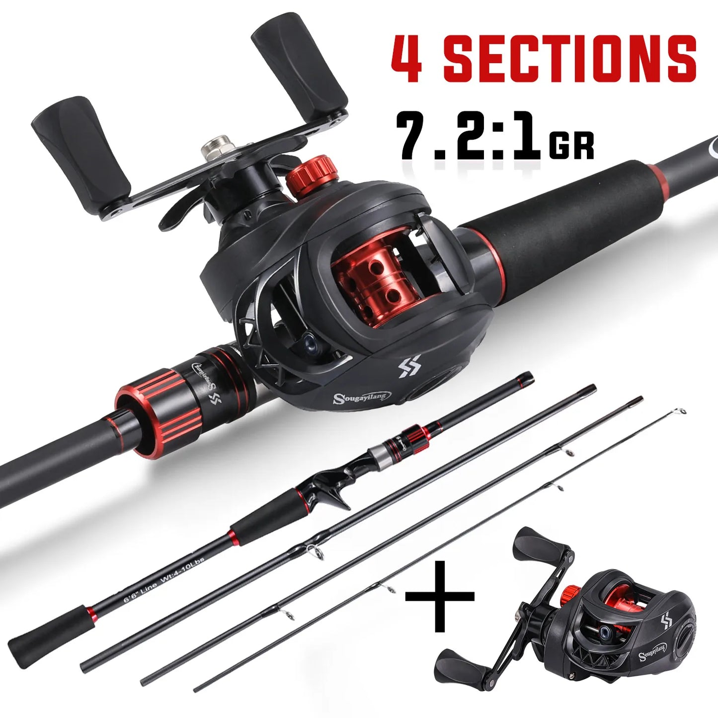 Combo Fishing Rod + Reel Sougayilang 1.8~2.1m Carbon Fiber Casting Rod and 7.2:1 Gear Ratio Baitcasting Ree Max Drag 10kg