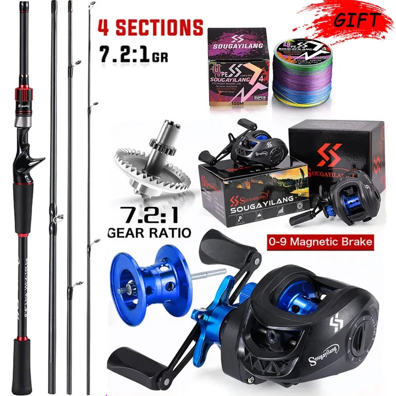 Combo Fishing Rod + Reel Sougayilang 1.8~2.1m Carbon Fiber Casting Rod and 7.2:1 Gear Ratio Baitcasting Ree Max Drag 10kg