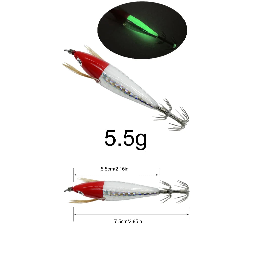 10-1pcs Squid Jigging Wood Shrimp Hook 5.5g 7.5cm Luminous Fishing Bait Simulation Squid Fluorescent Fishing Lure for Freshwater