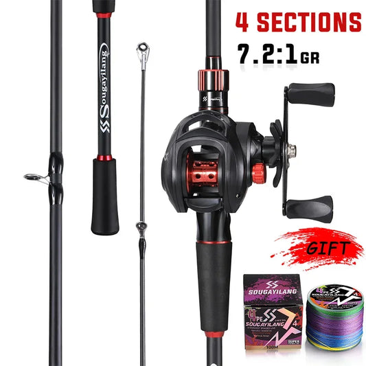 Combo Fishing Rod + Reel Sougayilang 1.8~2.1m Carbon Fiber Casting Rod and 7.2:1 Gear Ratio Baitcasting Ree Max Drag 10kg