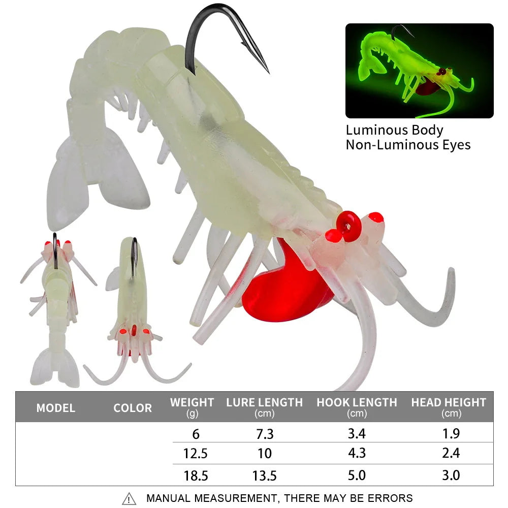 1pcs Luminous Eyes Silicone Shrimp Baits 6g 13g 19g Bionic Soft Prawn Lures Metal Jig Head Sinking Swimbait Wobbler Jigging Hook