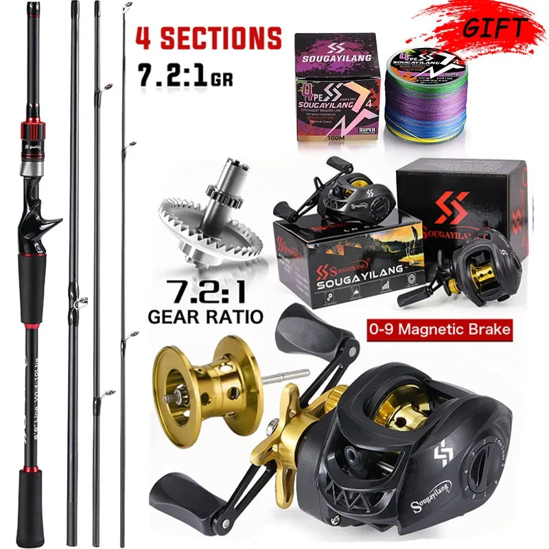 Combo Fishing Rod + Reel Sougayilang 1.8~2.1m Carbon Fiber Casting Rod and 7.2:1 Gear Ratio Baitcasting Ree Max Drag 10kg