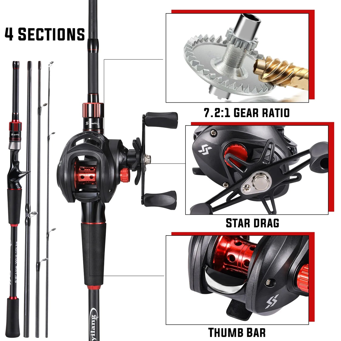 Combo Fishing Rod + Reel Sougayilang 1.8~2.1m Carbon Fiber Casting Rod and 7.2:1 Gear Ratio Baitcasting Ree Max Drag 10kg