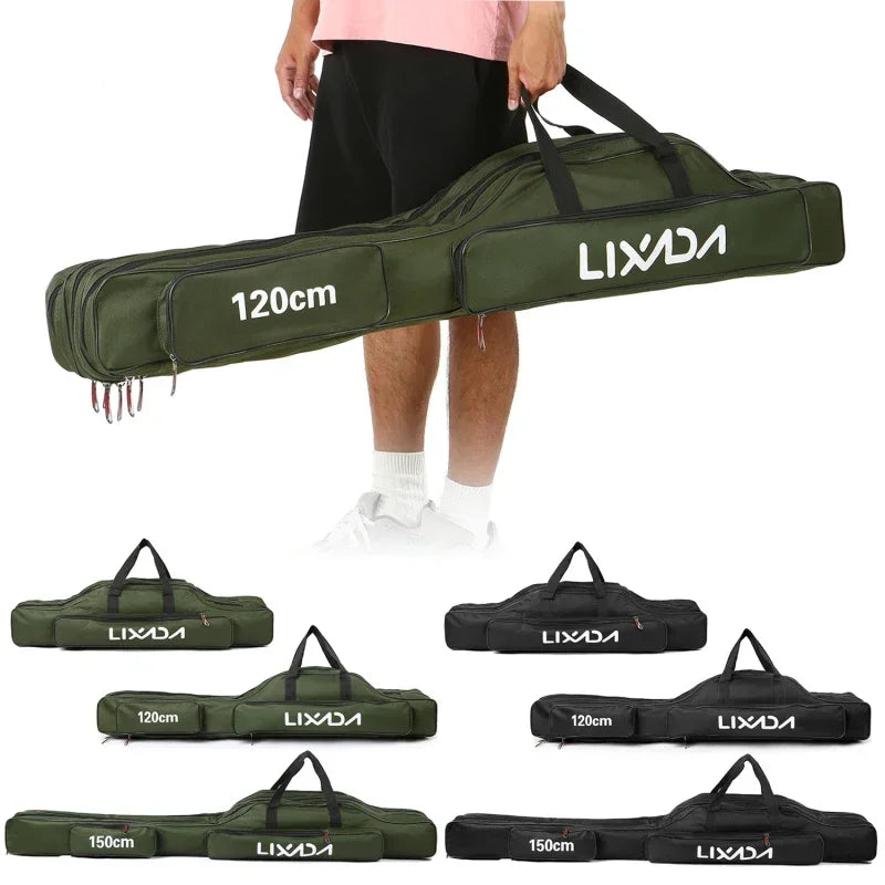 Lixada 3 Layers Fishing Pole Bag Portable Folding Rod Carry Case Fishing Reel Tackle Storage Bag Case