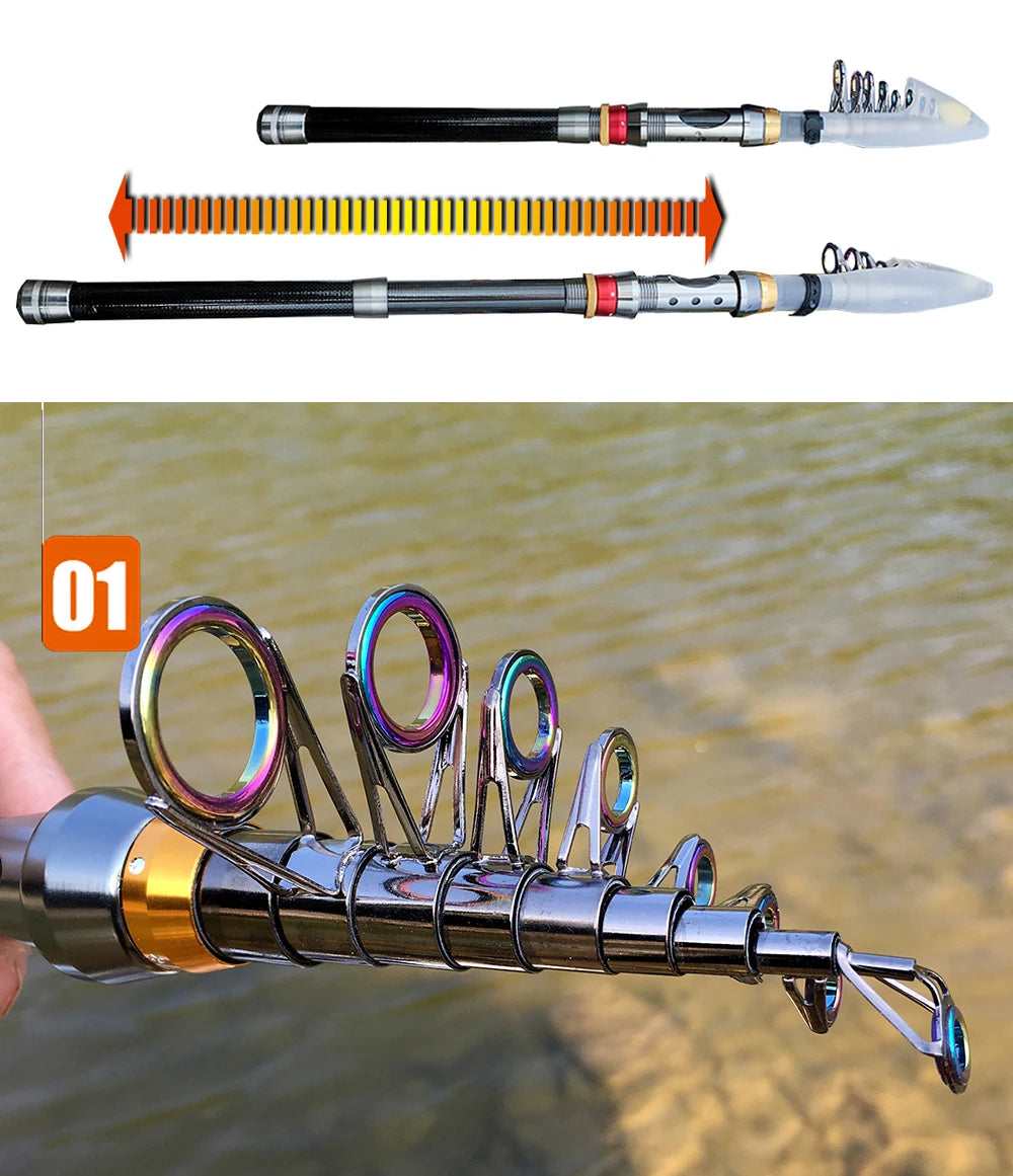 Combo Fishing Rod + Reel 1.8-3.6m Carbon Fiber  Telescopic Fishing Pole Spinning Reel Kit Max Resistance 3-8kg Pesca