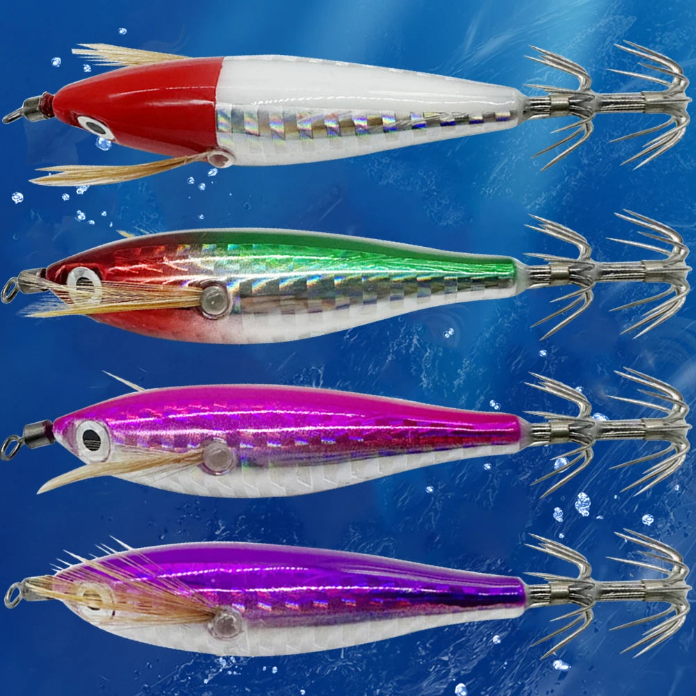 1Pc 7.5cm/8cm Laser Luminous Squid Jig Floating Horizontal Wood Shrimp Egi Lure Squid Jigging Shrimp Hooks Fishing Octopus Baits