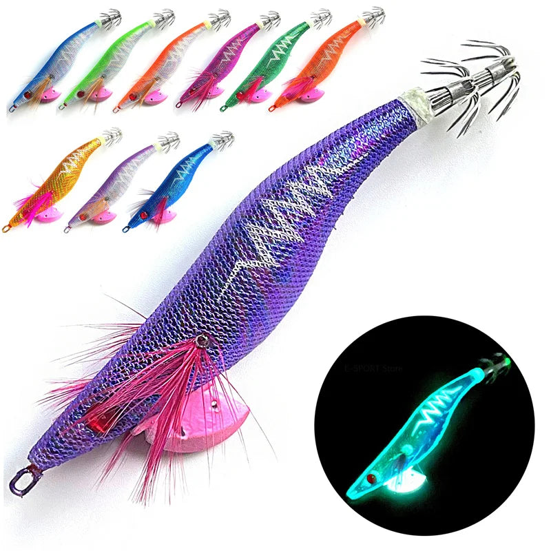 Glow Wood Shrimp Luminous Bait Squid Jigs with Octopus Squid Jig Hooks Cuttlefish Noctilucent Light Fishing Lure Size 3.5#/21g. Night fishing