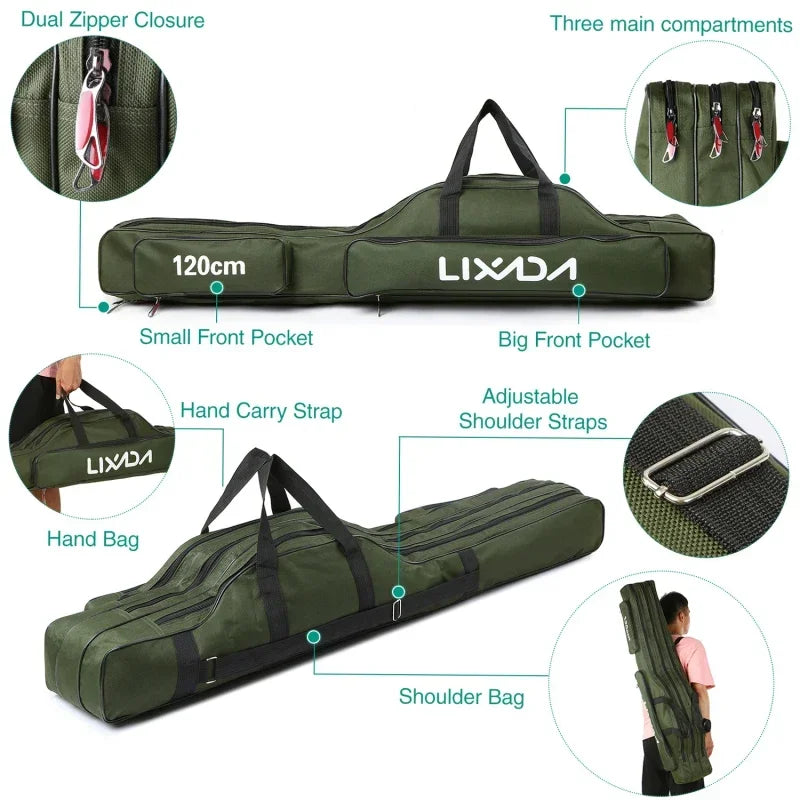 Lixada 3 Layers Fishing Pole Bag Portable Folding Rod Carry Case Fishing Reel Tackle Storage Bag Case