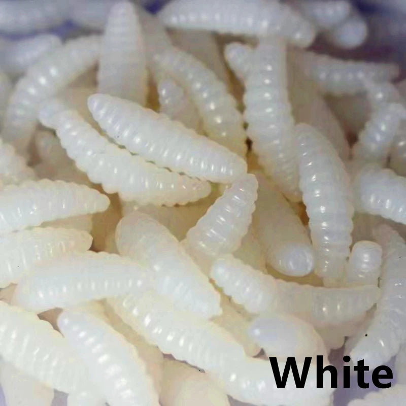 Newest 50PCS/Bag 2cm 0.3g Bread Worm Silicone Artificial Baits Soft Fishing Lure Hooks Smell Worms Glow Shrimps Fish Lures 2023