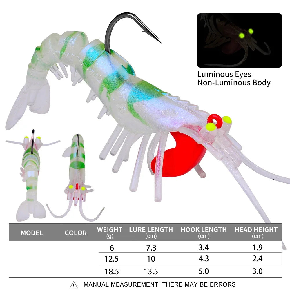 1pcs Luminous Eyes Silicone Shrimp Baits 6g 13g 19g Bionic Soft Prawn Lures Metal Jig Head Sinking Swimbait Wobbler Jigging Hook