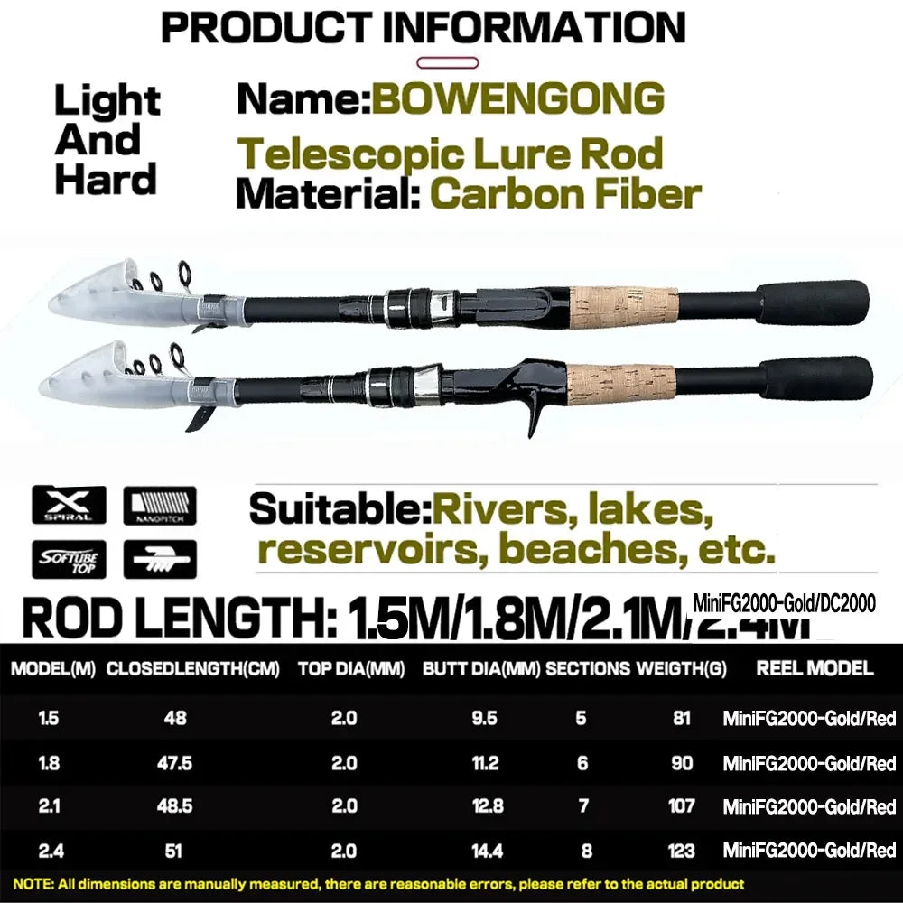 Combo Fishing Rod + Reel Telescopic Lure Rod Spinning Casting Short Jigging Rod 1.5m-2.4m Baitcasting Reel Max Drag 8kg