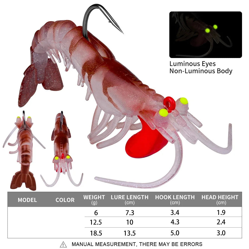 1pcs Luminous Eyes Silicone Shrimp Baits 6g 13g 19g Bionic Soft Prawn Lures Metal Jig Head Sinking Swimbait Wobbler Jigging Hook