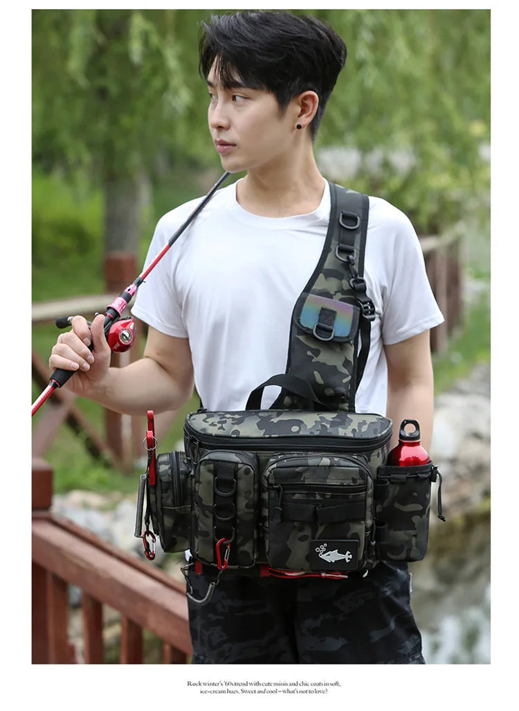 New Fishing Tackle Backpack Lure Box Gear Storage Bag Fanny Pack for Men Fly Fishing Backpack with Rod Holder Sling Shoulder Bag