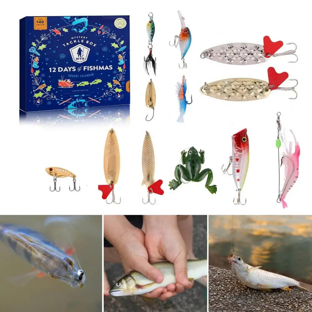 Fishing Lures Set Christmas Advent Calendar Fishing Lure Gift Box with Artificial Bait Hooks Holiday Countdown for Anglers