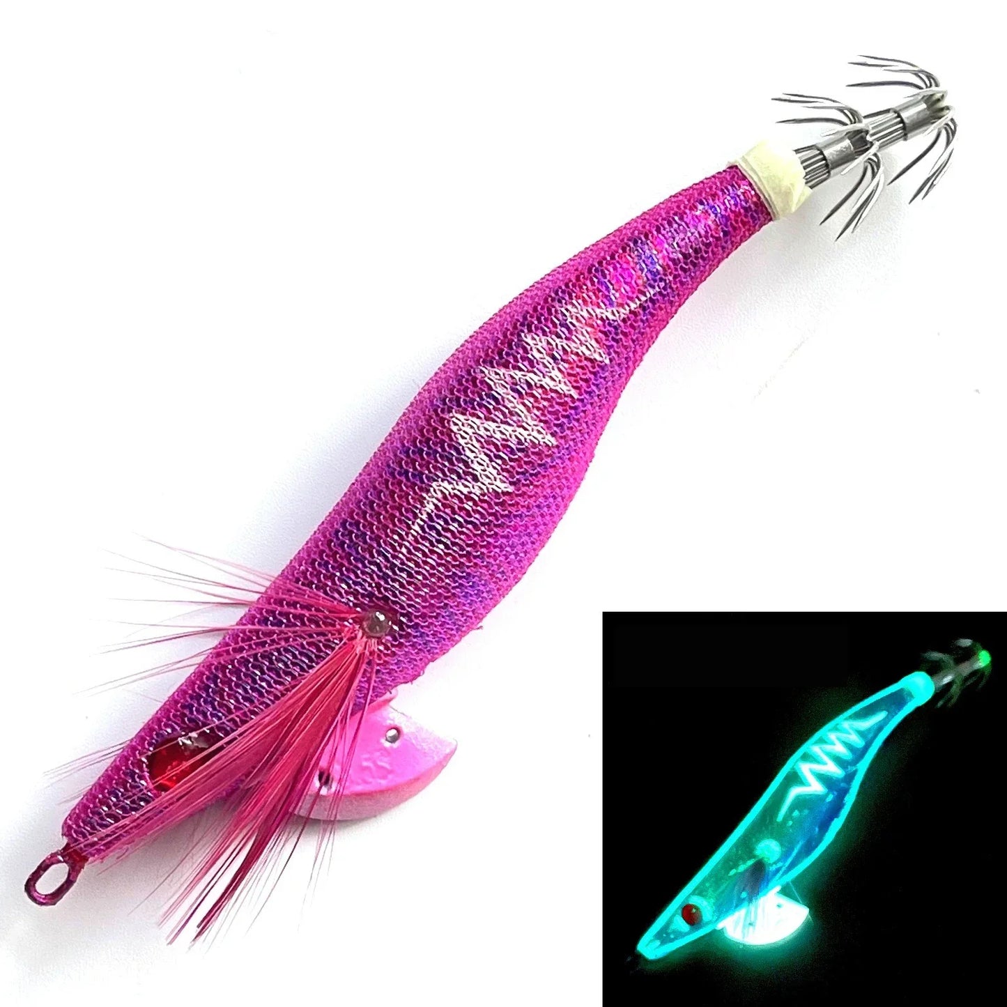 Glow Wood Shrimp Luminous Bait Squid Jigs with Octopus Squid Jig Hooks Cuttlefish Noctilucent Light Fishing Lure Size 3.5#/21g. Night fishing