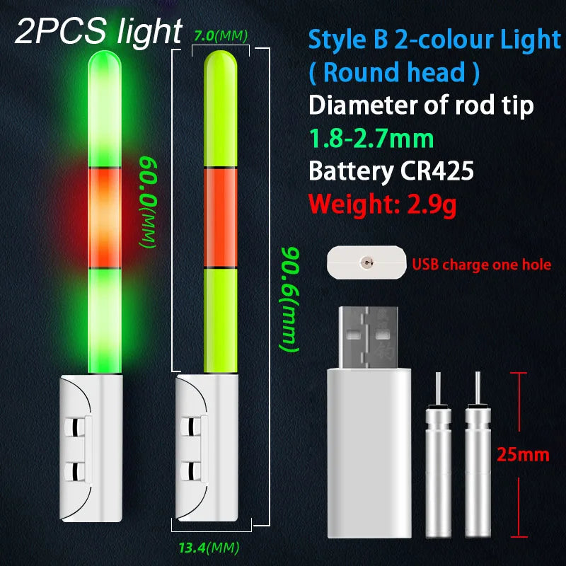 2PCS Fishing Floats Stick Light Warning Reminder Lights Fishing Buoy LED Rod Tip Luminous CR425 USB Charging Night Pesca Tackle. Night fishing