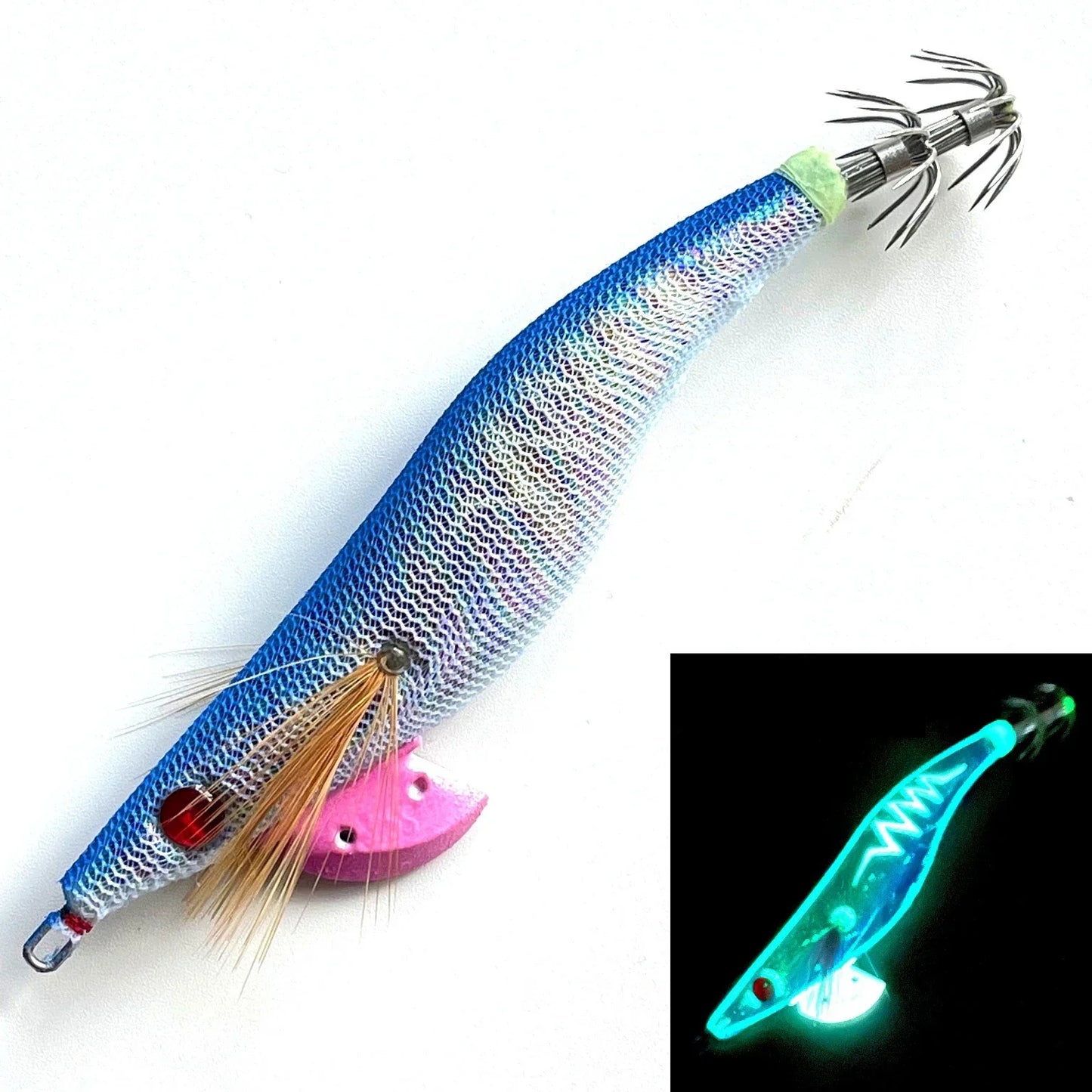 Glow Wood Shrimp Luminous Bait Squid Jigs with Octopus Squid Jig Hooks Cuttlefish Noctilucent Light Fishing Lure Size 3.5#/21g. Night fishing