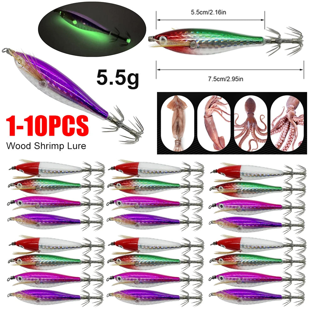 10-1pcs Squid Jigging Wood Shrimp Hook 5.5g 7.5cm Luminous Fishing Bait Simulation Squid Fluorescent Fishing Lure for Freshwater