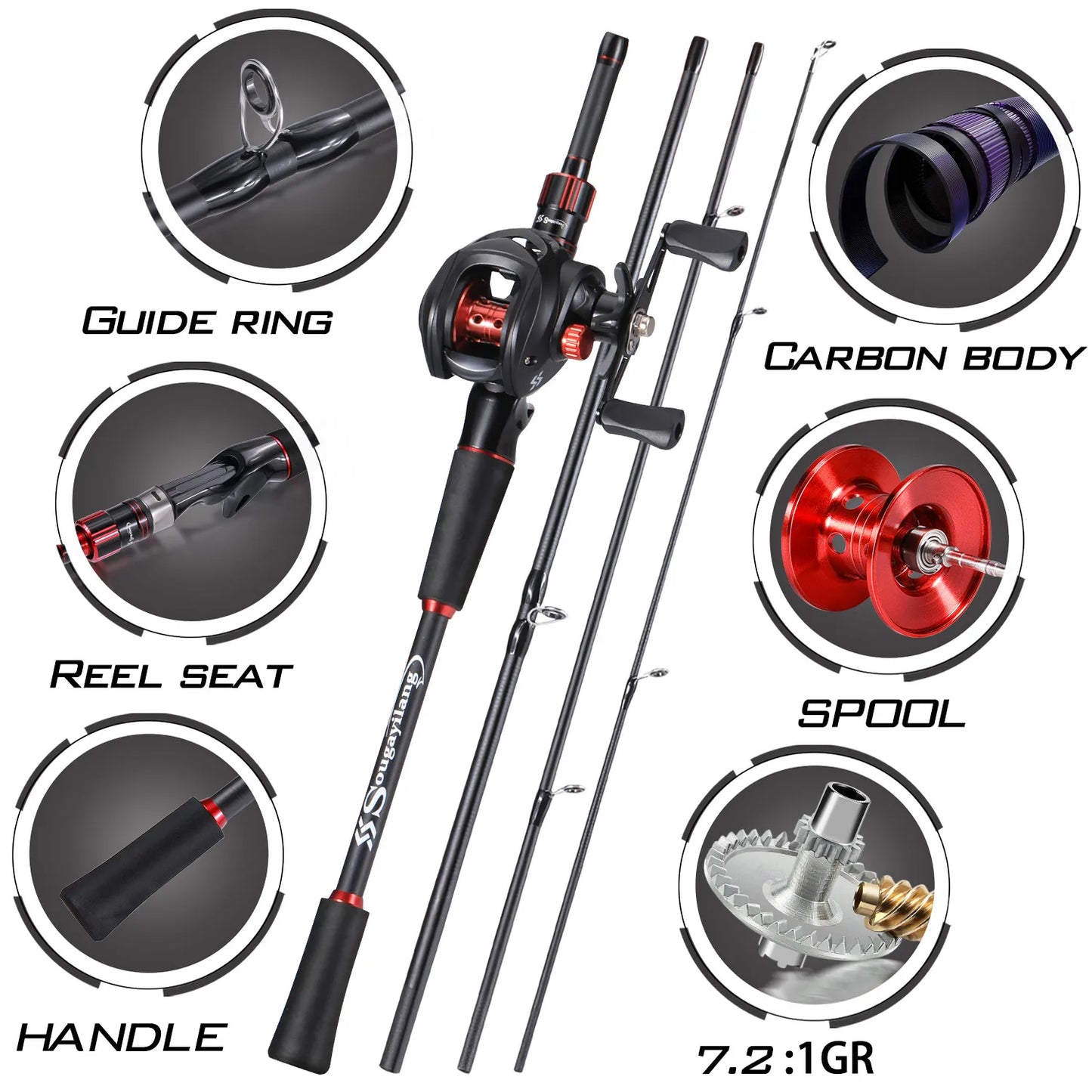 Combo Fishing Rod + Reel Sougayilang 1.8~2.1m Carbon Fiber Casting Rod and 7.2:1 Gear Ratio Baitcasting Ree Max Drag 10kg