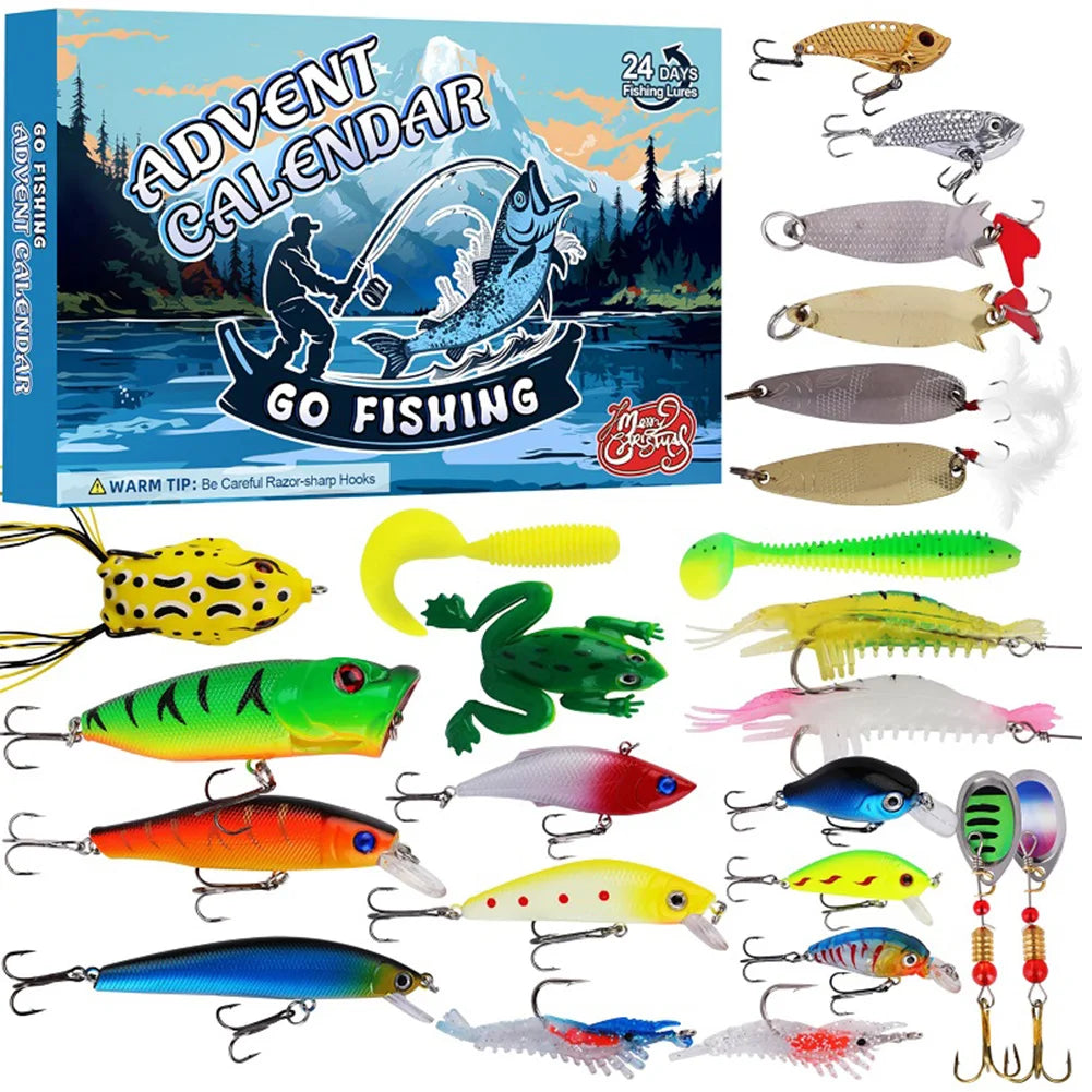 2024 Fishing Tackle Set Advent Calendar 24 Days Christmas Fishing Lures Box Xmas Fish Bait Box Surprise Gifts for Fishing Lover