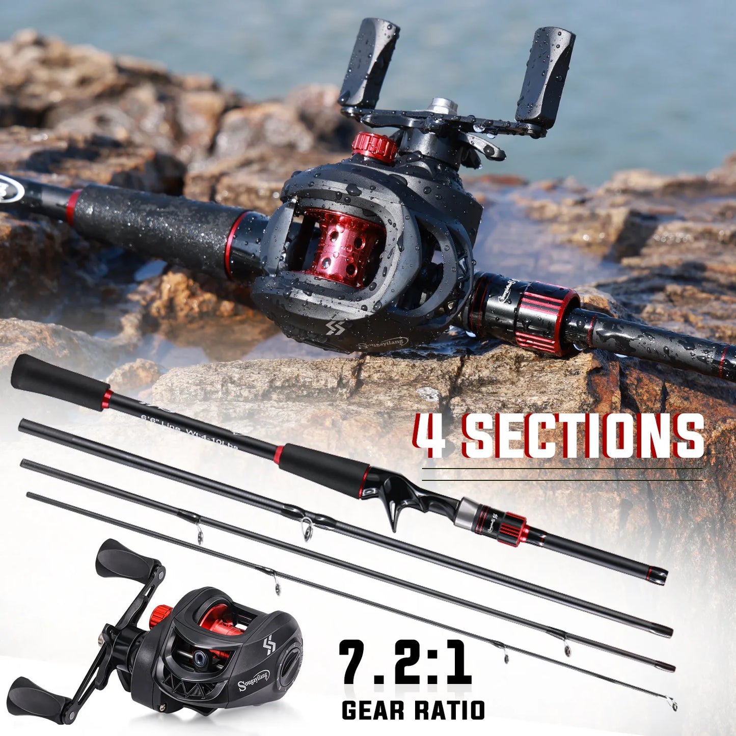 Combo Fishing Rod + Reel Sougayilang 1.8~2.1m Carbon Fiber Casting Rod and 7.2:1 Gear Ratio Baitcasting Ree Max Drag 10kg