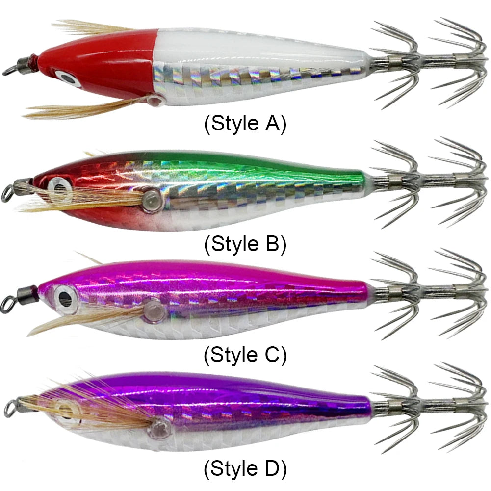 1Pc 7.5cm/8cm Laser Luminous Squid Jig Floating Horizontal Wood Shrimp Egi Lure Squid Jigging Shrimp Hooks Fishing Octopus Baits