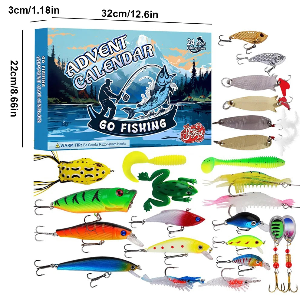 2024 Fishing Tackle Set Advent Calendar 24 Days Christmas Fishing Lures Box Xmas Fish Bait Box Surprise Gifts for Fishing Lover