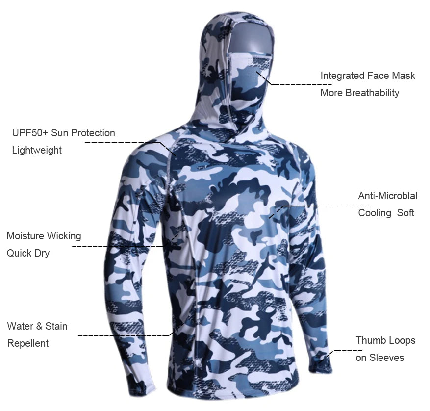 UPF 50+ Mens Hooded Fishing Shirt with Mask UV Neck Gaiter Hoodie Men Hooded Fishing Shirts Fishing Hoodie Moisture Wicking